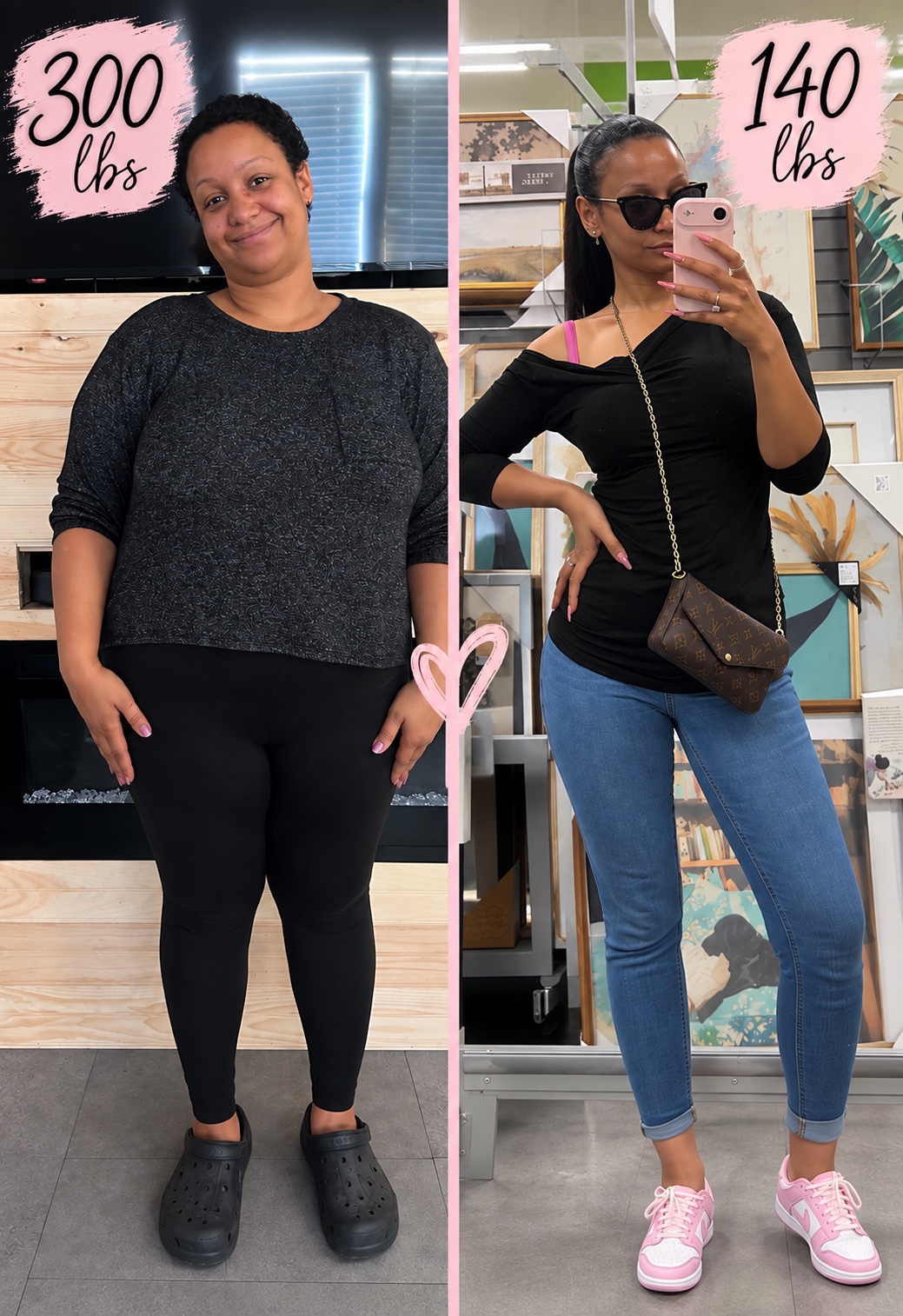 Victoria’s personal before-and-after photo, labeled 300 pounds before and 140 pounds after